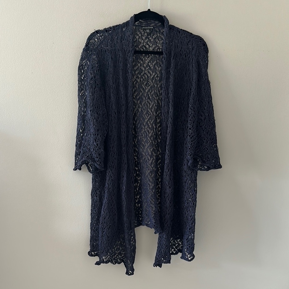 EILEEN FISHER 100% Wool Crochet Lace Open Front Cardigan Duster Navy Sz Large